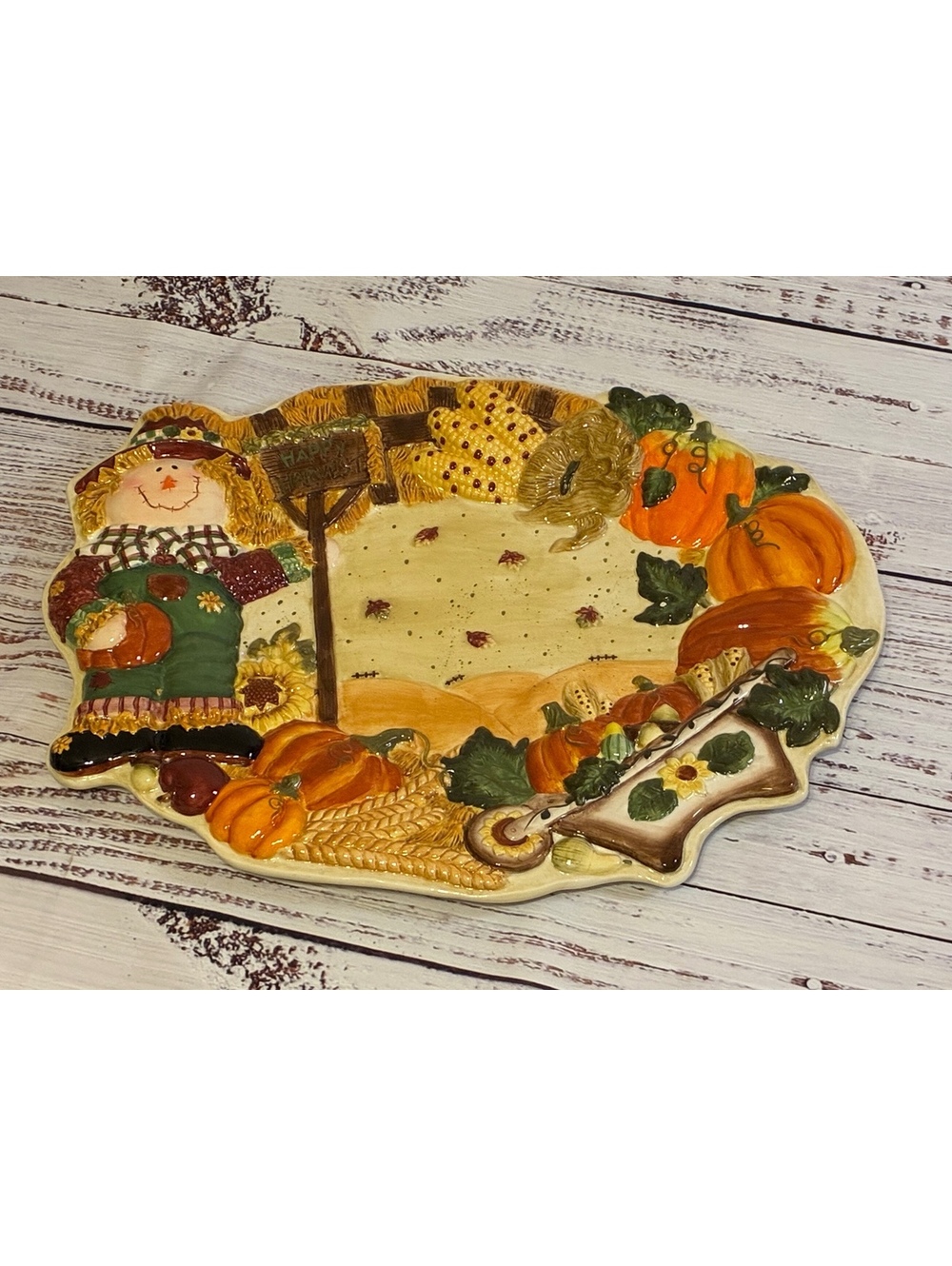 Fall Harvest Ceramic Serving Platter Scarecrow Pumpkin Cornucopia